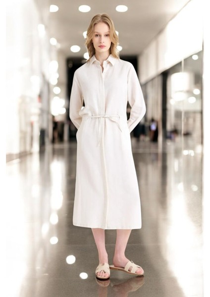 Beli Bağcıklı Günlük Rahat Keten Elbise