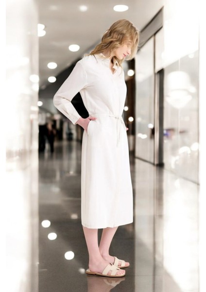 Beli Bağcıklı Günlük Rahat Keten Elbise