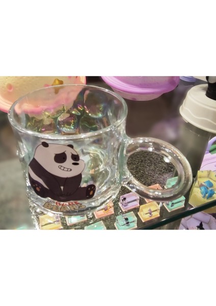 Panda Figürlü Cam Geniş Kupa Bardak