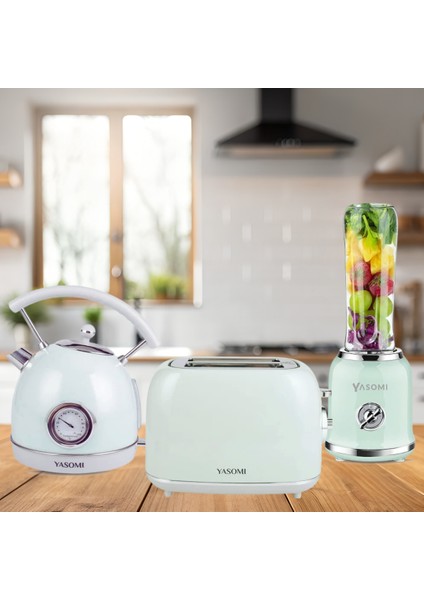 Retro Kahvaltı Seti Su Isıtıcı Kettle + Smoothie Blender + Ekmek Kızartma Makinesi (Yeşil)