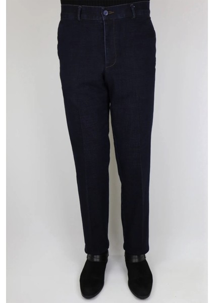 Fistan Store Erkek Koyu Lacivert Rahat Kalıp Yandan Cepli Boru Paça Battal Kışlık Keten Pantolon