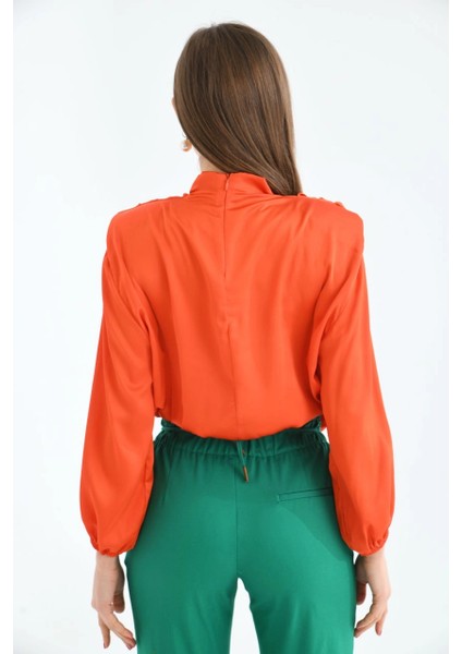 Kadın Gömlek Arkası Fermuarlı Vatkalı Omuz Dökümlü Saten Gömlek Nar - 30050 fiyatları