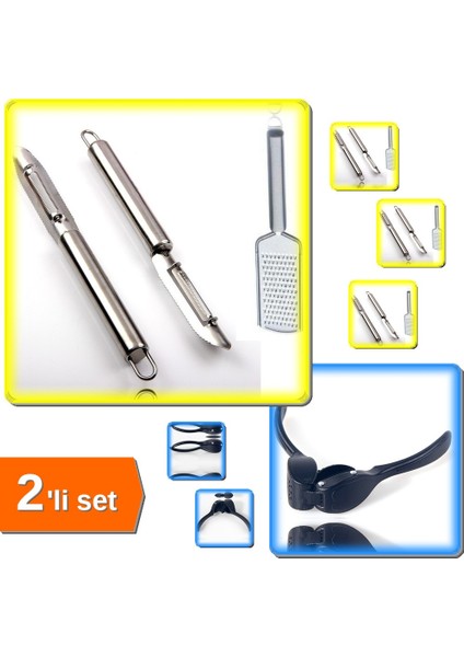 Sarımsak Ezici Döküm + 2 Parça Paslanmaz Çelik Soyacak ve Rende 2li Set R7V2N8