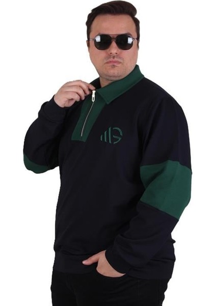 Büyük Beden Polo Yaka Fermuarlı Sweat Double Face 25709 Lacıvert