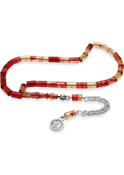 Ateş Kehribar Tesbih - Kararmaz Metal Püsküllü - Mini Boy - Kırmızı Beyaz - Kesme Kesim