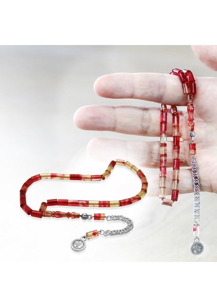 Ateş Kehribar Tesbih - Kararmaz Metal Püsküllü - Mini Boy - Kırmızı Beyaz - Kesme Kesim fiyatları