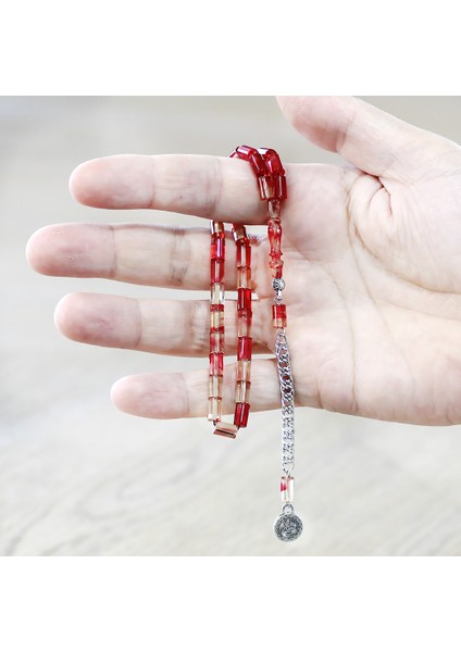 Ateş Kehribar Tesbih - Kararmaz Metal Püsküllü - Mini Boy - Kırmızı Beyaz - Kesme Kesim modelleri