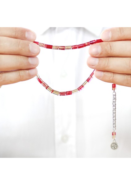 Ateş Kehribar Tesbih - Kararmaz Metal Püsküllü - Mini Boy - Kırmızı Beyaz - Kesme Kesim fırsatları