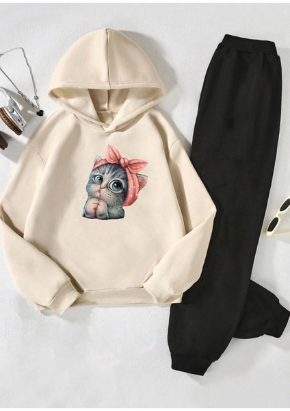 Punıx Kıds Özel Seri Kapüşonlu Bandanalı Minnoş Kedicik Baskılı %100 Pamuk Kız Çocuk Kışlık Eşofman Takımı