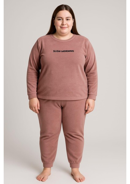 Kadın 13212 Büyük Beden Kadife Pijama Takımı Pudra