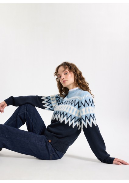 Bisiklet Yaka Relaxed Jakarlı Ekru - Lacivert Kazak Kadın J5WL-KZK7050