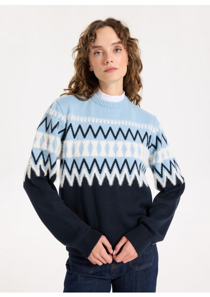 Bisiklet Yaka Relaxed Jakarlı Ekru - Lacivert Kazak Kadın J5WL-KZK7050 modelleri