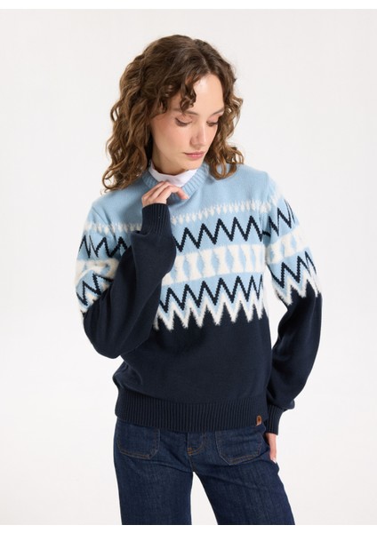 Bisiklet Yaka Relaxed Jakarlı Ekru - Lacivert Kazak Kadın J5WL-KZK7050 fırsatları