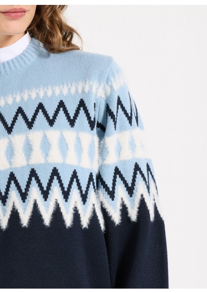 Bisiklet Yaka Relaxed Jakarlı Ekru - Lacivert Kazak Kadın J5WL-KZK7050