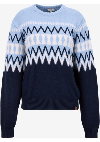 Bisiklet Yaka Relaxed Jakarlı Ekru - Lacivert Kazak Kadın J5WL-KZK7050