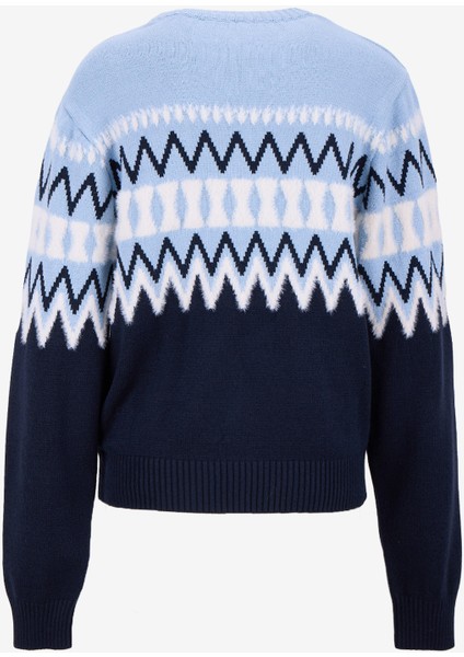 Bisiklet Yaka Relaxed Jakarlı Ekru - Lacivert Kazak Kadın J5WL-KZK7050