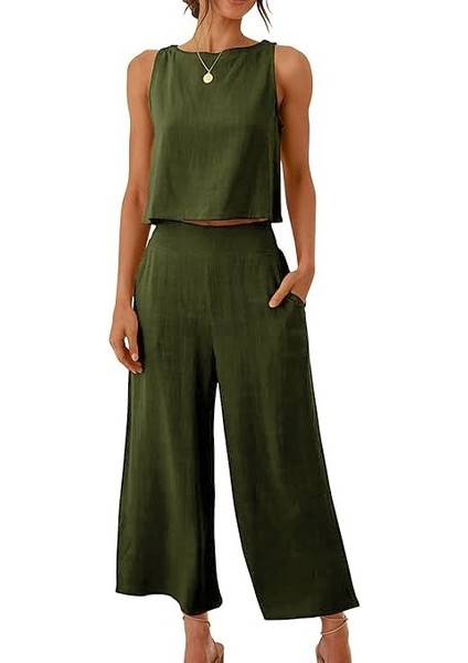 Keten Yazlık Yüksel Bel Capri Pantolon Sırt Detaylı Kolsuz Ikili Takım