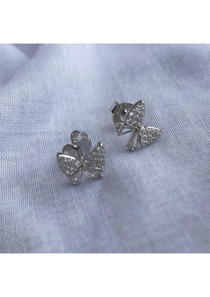 925 Ayar Gümüş Zirkon Taşlı Kurdele Model Çocuk/genç/yetişkin Kadın Küpesi -Şık Tasarım