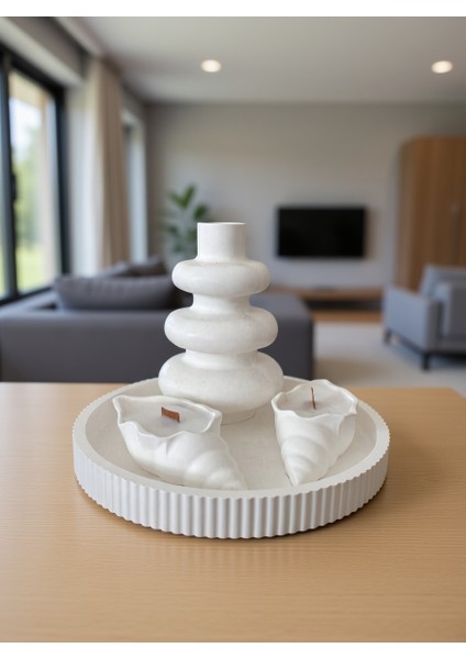 Modern Soft Seramik Dekor Seti – 4 Parça Beyaz Vazo ve Mumluk Takımı (Tepsili) fiyatları