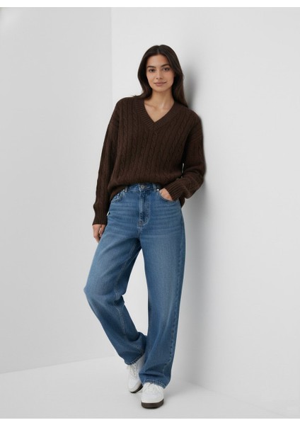 Uzun Kollu V Yaka Triko Kahve Rengi Kazak