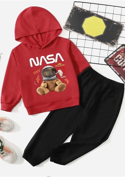 Punıx Kıds Özel Üretim %100 Pamuk Nasa Minik Astronot Baskılı Kapüşonlu Kışlık Erkek Çocuk Eşofman Takımı