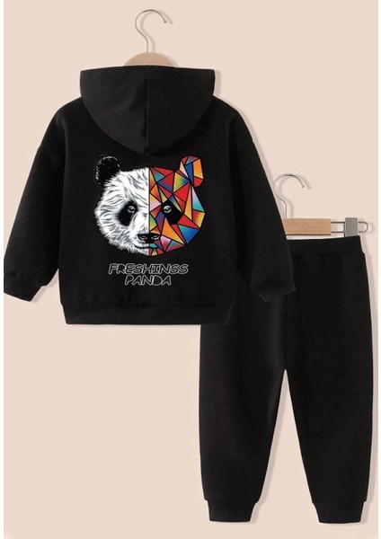 Punıx Kıds Özel Üretim Kapüşonlu Mozaik Panda Sırt Baskılı %100 Pamuk Kışlık Erkek Çocuk Eşofman Takımı