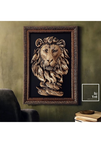 Morgue 3D Aslan Rölyef Tablo – Çerçeveli Polyester Duvar Dekoru, Lüks Aslan Figürlü Tablo Modeli