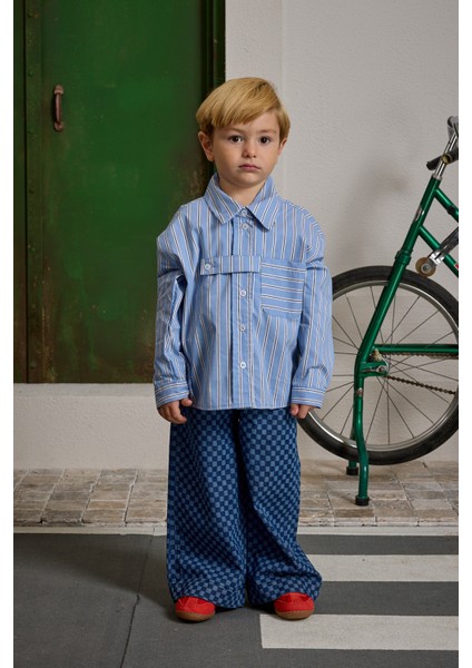 Pat Detaylı Çizgili Gömlek Mavi