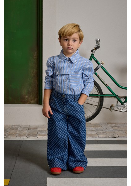 Pat Detaylı Çizgili Gömlek Mavi indirimleri