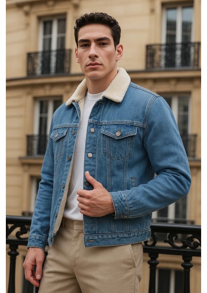 Erkek Kışlık Günlük Içi Peluş Kürk A.mavi Kot Ceket