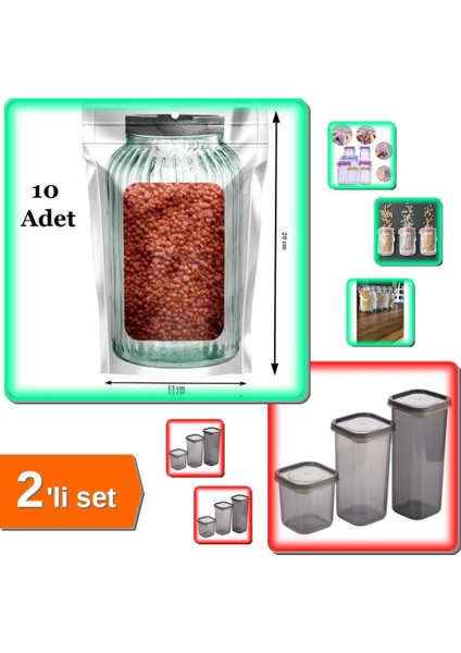 10 Adet Kavanoz Görünümlü Kilitli Saklama Poşeti + 3 Boy Kapaklı Kare Kavanoz - GHI789