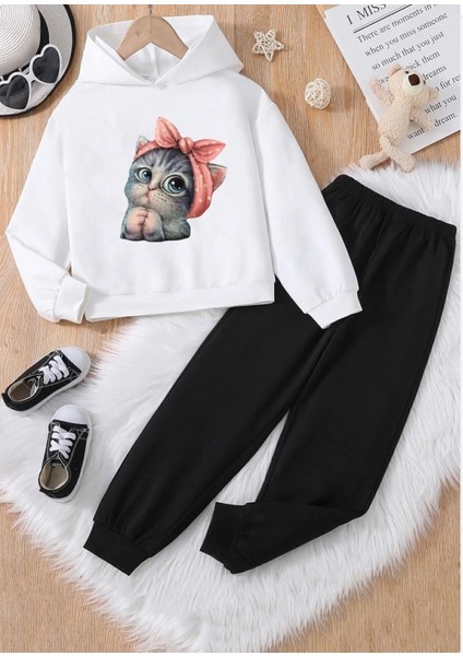 Punıx Kıds Özel Seri Kapüşonlu Bandanalı Minnoş Kedicik Baskılı %100 Pamuk Kız Çocuk Kışlık Eşofman Takımı