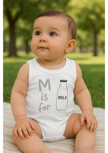 Beyaz “m Is For Milk” Baskılı Kolsuz Bebek Body – Pamuklu Rahat Kumaş 0-3 Ay