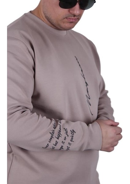 Büyük Beden Bisiklet Yaka Sweat Double Face 25707 Bej modelleri