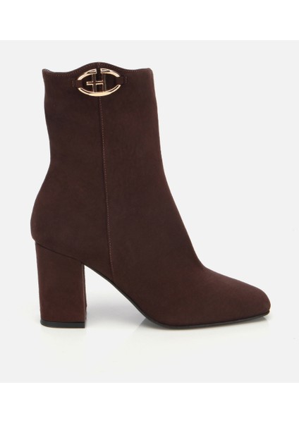 01BOH312630A480 KADIN Süet Deri Kahverengi Tokalı Kare Uçlu Bilekte Topuklu Bot