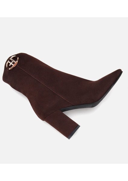 01BOH312630A480 KADIN Süet Deri Kahverengi Tokalı Kare Uçlu Bilekte Topuklu Bot