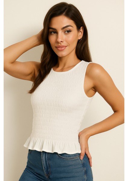 Likralı Kadın Sıfır Kol Volanlı Bluz-Crop fiyatları