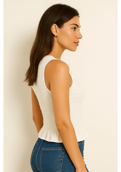 Likralı Kadın Sıfır Kol Volanlı Bluz-Crop fırsatları