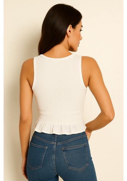 Likralı Kadın Sıfır Kol Volanlı Bluz-Crop indirimleri