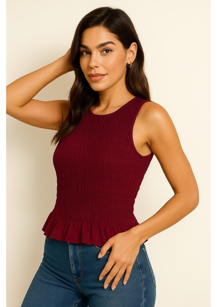 Likralı Kadın Sıfır Kol Volanlı Bluz-Crop