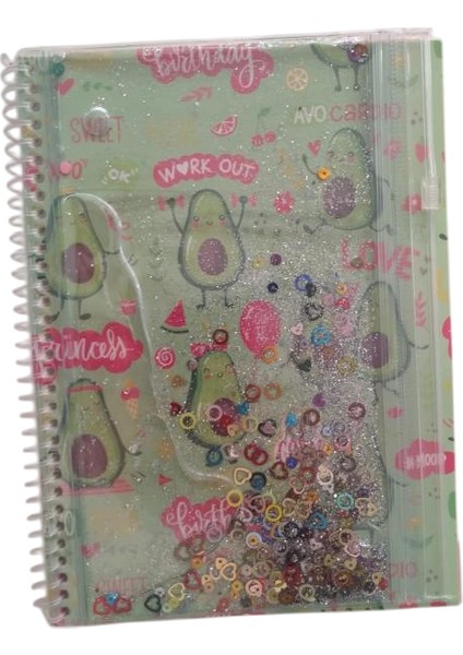 A5 Boy Simli ve Sulu Şeffaf Kalemlikli Defter Avokado