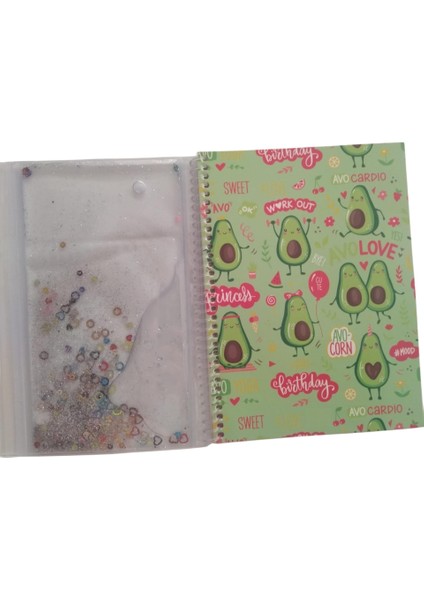 A5 Boy Simli ve Sulu Şeffaf Kalemlikli Defter Avokado modelleri