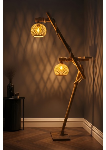 2'li Başlıklı Halat Detaylı Kütük Ahşap Lambader – Sehpalı/raflı Rustik, Bohem ve Iskandinav Tarzı Köşe Yer Lambası