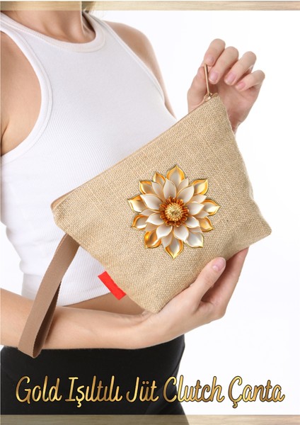 Gold Işıltılı Jüt Clutch Çanta Gold Çiçekli 1 Adet fiyatları