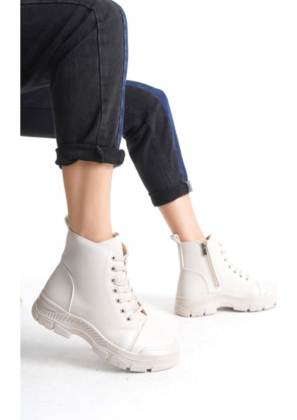 Bıanca Bağcıklı Fermuarlı Ortopedik Taban Suya ve Soğuğa Dayanıklı Cilt Kadın Spor Bot Kt Krem modelleri