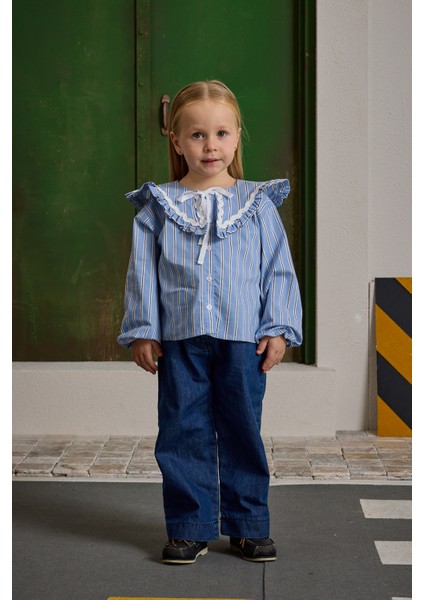 Geniş Yakalı Çizgili Gömlek Mavi