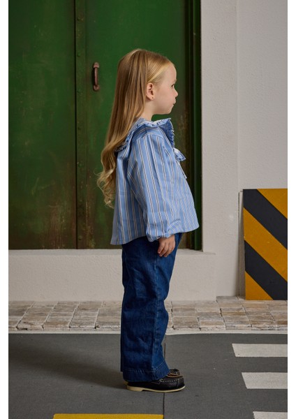 Geniş Yakalı Çizgili Gömlek Mavi fiyatları