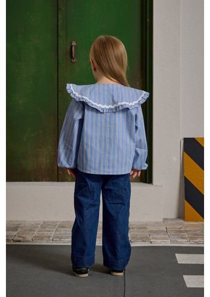 Geniş Yakalı Çizgili Gömlek Mavi modelleri