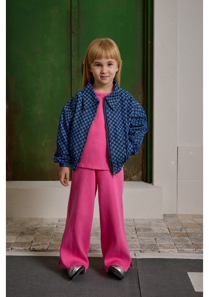 Damalı Bomber Denim Ceket Koyu Mavi