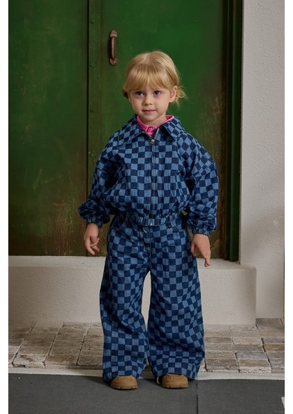 Kareli Bomber Denim Ceket Koyu Mavi